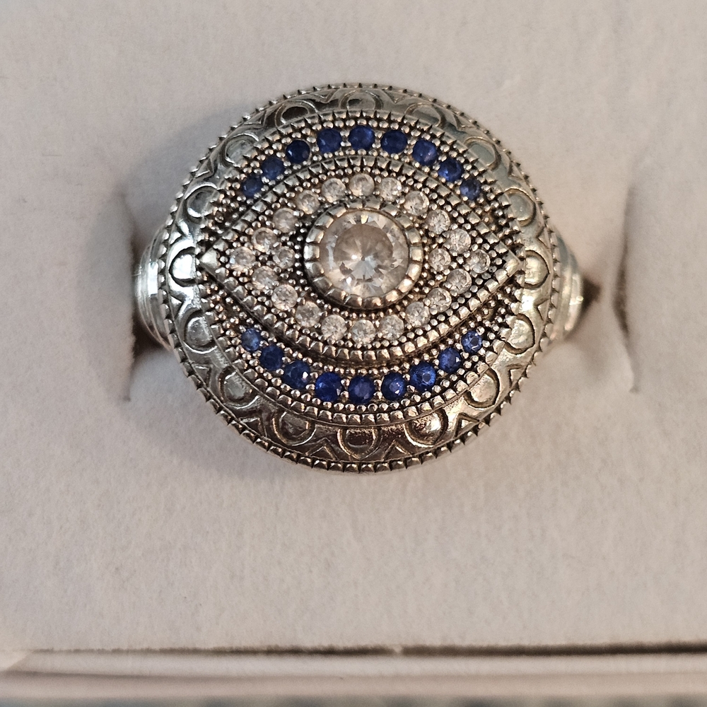Sterling Silver .925 Eye-Inspired Ring With Blue and Clear Gemstones Size 8